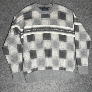 Tommy Hilfiger Mens XL Grey Plaid Fair Isle Crewneck Sweater Knit Pullover